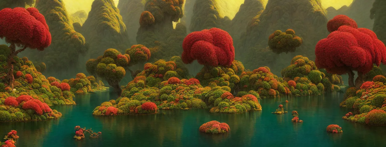 Image similar to a gorgeous very early spring series of lush islands separated by flower - lined streams, twisted gardens, painting by barlowe wayne maxfield parrish and marco mazzoni. tree no leaf!!!! china mountain village!! very little light verdancy. ultra clear detailed. 3 d, octane render. turbulent blood lake.