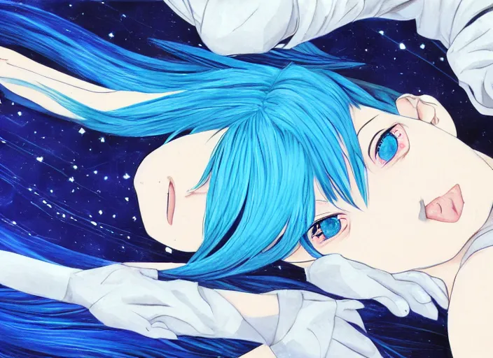 Image similar to a woman with blue hair laying on the ground with her head down, a detailed painting by rei kamoi, featured on pixiv, space art, official art, anime, toonami