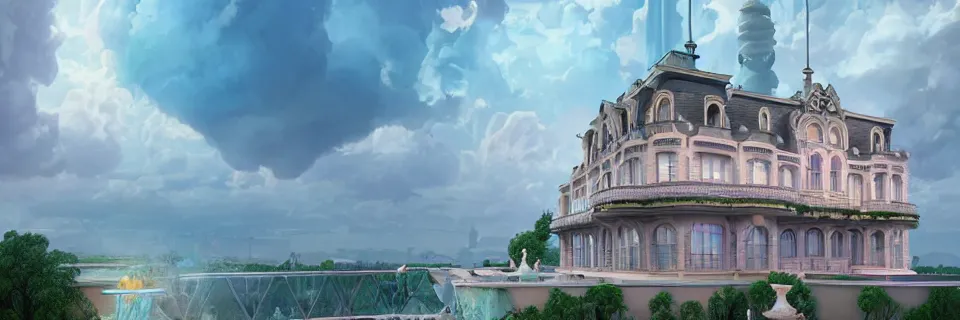 Prompt: beautiful digital illustration of an Art Nouveau palace in the sky, realistic clouds, pastel color scheme, reflecting pool, concept art, deviantArt, artsation, artstation HQ, HD, 16k resolution, octane, finalRender, Unreal Engine