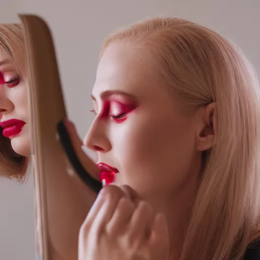 Image similar to close up of Ann Taylor Joy putting on red makeup in mirror, blonde, thin dof, film photo, anamorphic, dramatic lighting