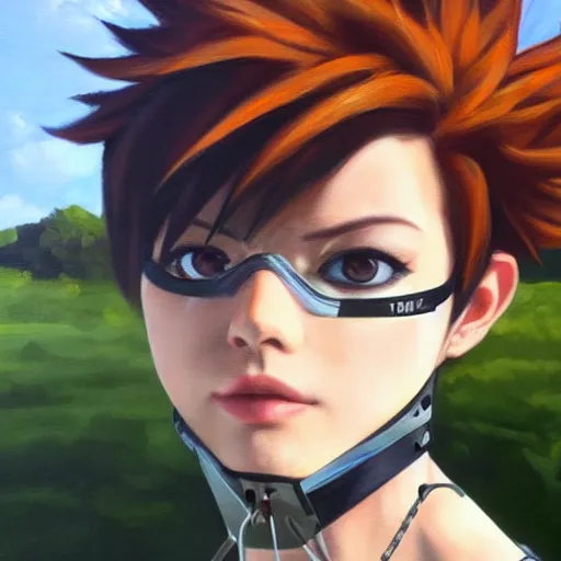 Prompt: oil painting of tracer overwatch in a field wearing spiked collar around neck, in style of artgerm, expressive face, wearing choker, steel collar, steel choker, wearing collar on neck, detailed face, detailed eyes, full body, feminine face, tracer overwatch,