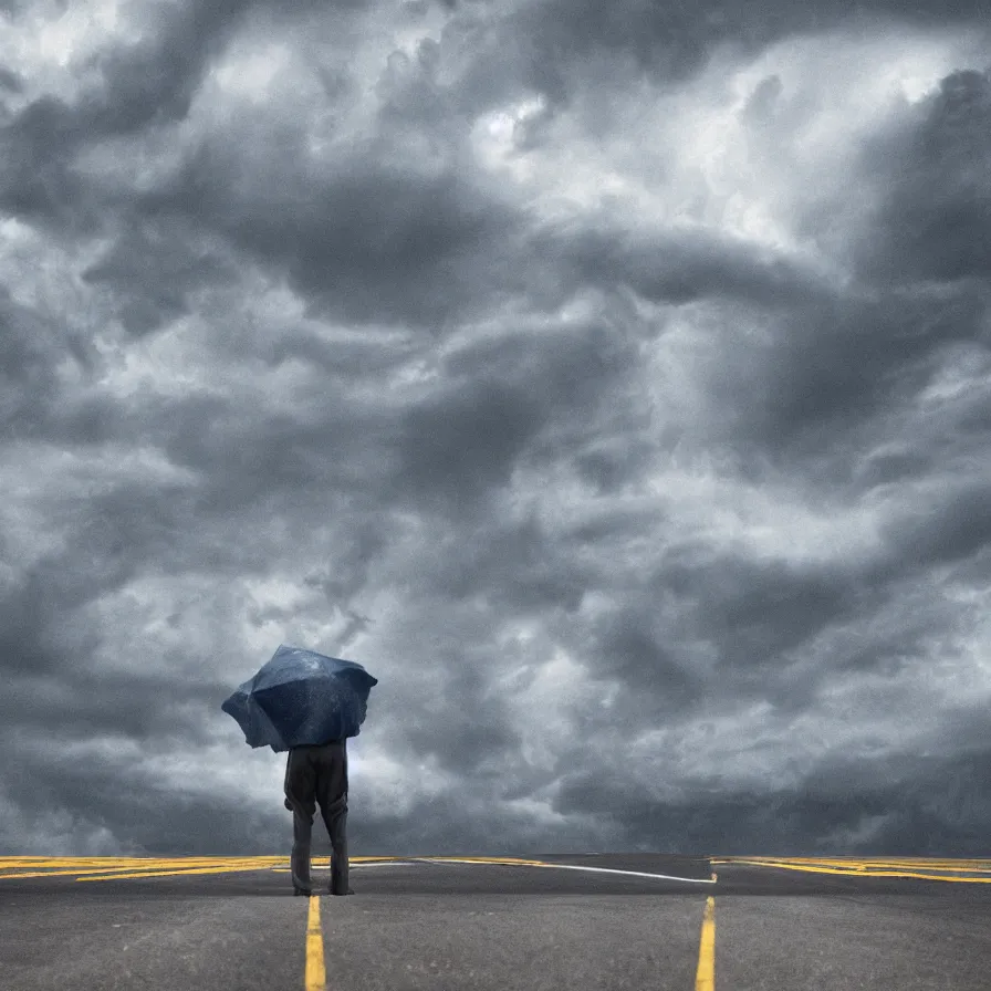 Prompt: Artwork of a man standing in the middle of the street with a stormy clouds floating above his shoulders.