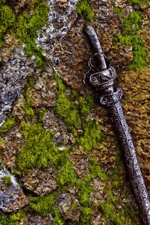 Image similar to a portrait of a rusty sword protruding from a rock, rust and corrosion, moss and vegetation, ancient forest, excalibur, close - up, intricate details, intricately detailed textures, warm lighting, vivid colors, smoke and mist, hyper realistic octane render, volumetric shading, depth of field, raytracing, 8 k,