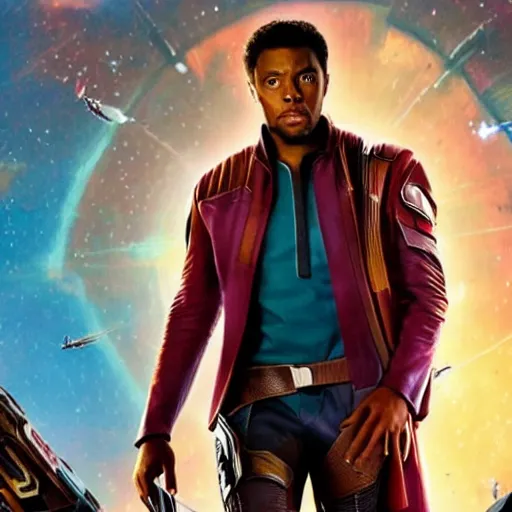 Prompt: film still of Chadwick Boseman as Star Lord in Guardians of the Galaxy