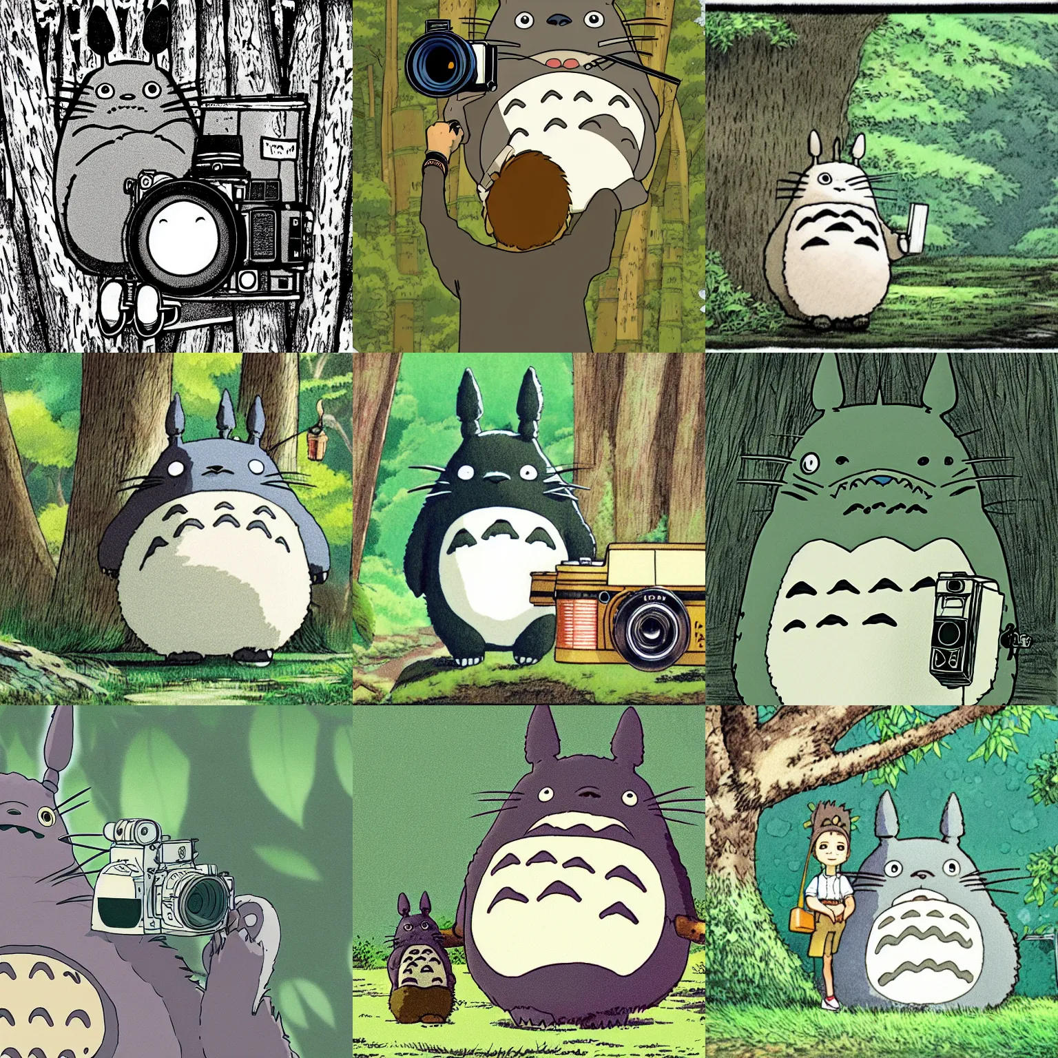 Prompt: illustration of totoro holding a large film camera, studio ghibli, high detail, award winning, forest