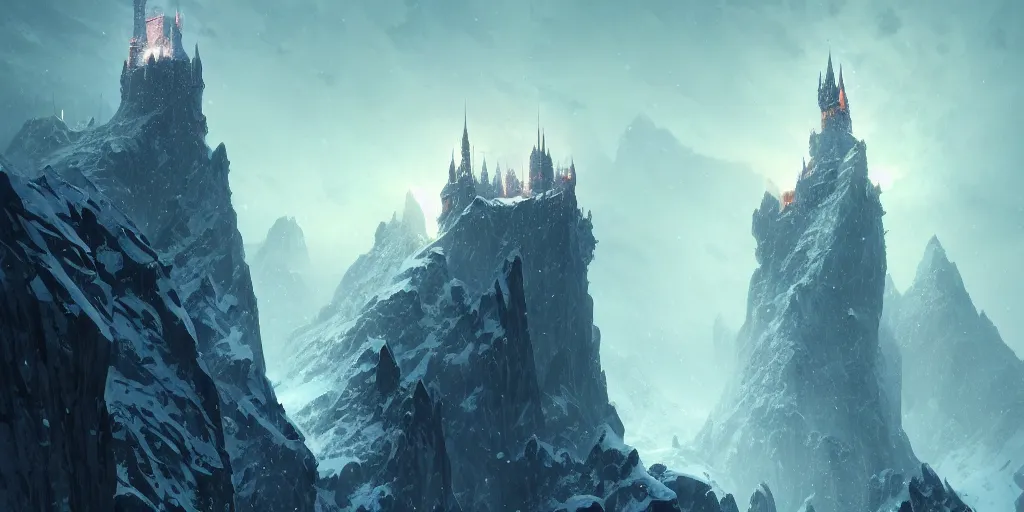 Prompt: a tall tower castle at the peak of a snowy sharp mountain range above the abyss, yellow crystals. in style of greg rutkowski and hyung - tae kim, trending on artstation, dark fantasy, great composition, concept art, highly detailed, dynamic pose, vibrant colours, epic, 8 k.