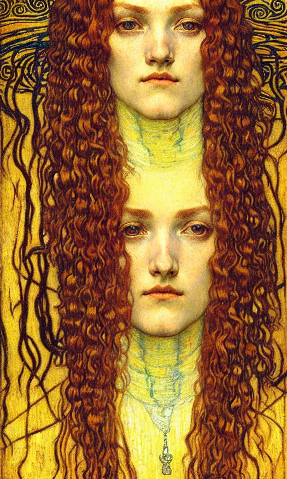 Image similar to detailed realistic beautiful young medieval queen face portrait by jean delville, gustav klimt and vincent van gogh, art nouveau, symbolist, visionary, gothic, pre - raphaelite, muted earthy colors, desaturated