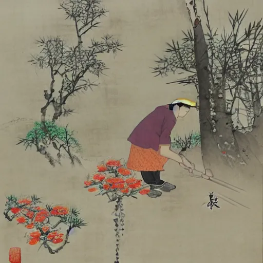 Image similar to lin dai - yu burying flowers, traditional chinese watercolor,