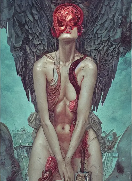 Image similar to angel, eun emerging from renaissance italy into a cyberpunk mutiversal realm by conrad roset, nicola samuri, dino valls, m. w. kaluta, jakub rebelka, rule of thirds, seductive look, beautiful