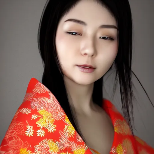 Image similar to Japanese Emma Bernache wearing kimono, realistic, photo studio, HDR, 8k, trending on artstation