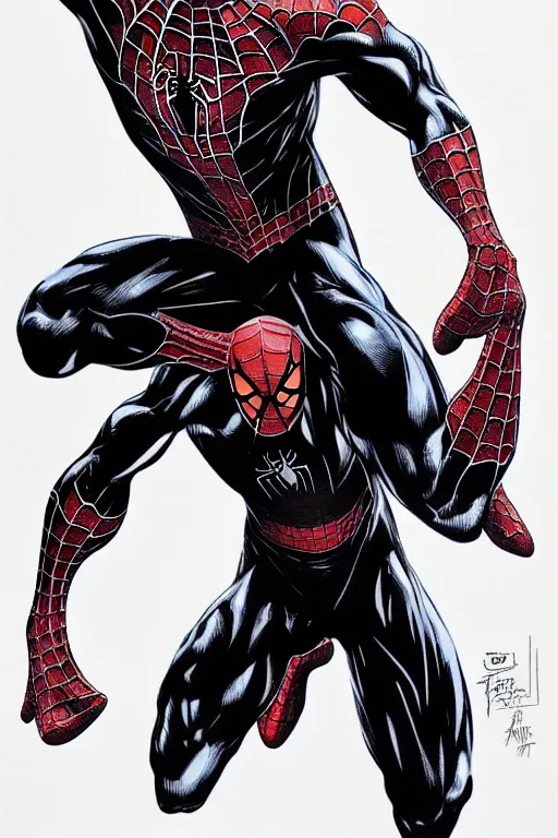 Image similar to full body portrait of spiderman, concept art, sumi - e style, intricate linework, artstation, trending, highly detailed, smooth, focus, art by yoji shinkawa and glenn fabry,