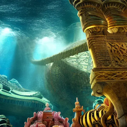 Prompt: of the lost city of Atlantis undersea, low angle, redshift render, post-production, exquisite architecture, hyper-realistic, ultra-detailed, cinematic lighting, vibrant colors, W- 1028