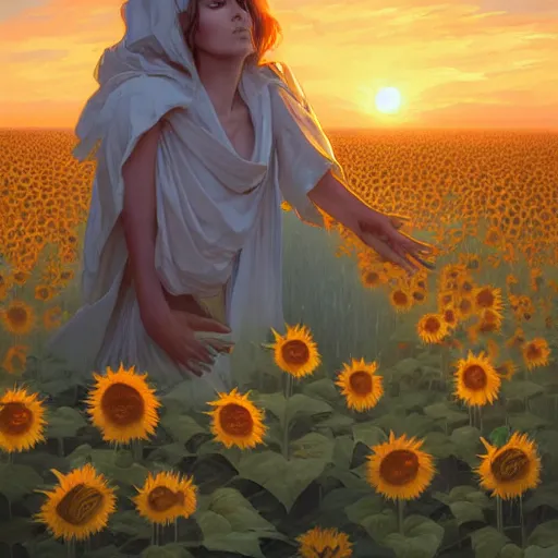 Image similar to Bedsheet Ghost in a field of sunflowers, sunset, highly detailed, digital painting, artstation, concept art, smooth, sharp focus, illustration, art by artgerm and greg rutkowski and alphonse mucha