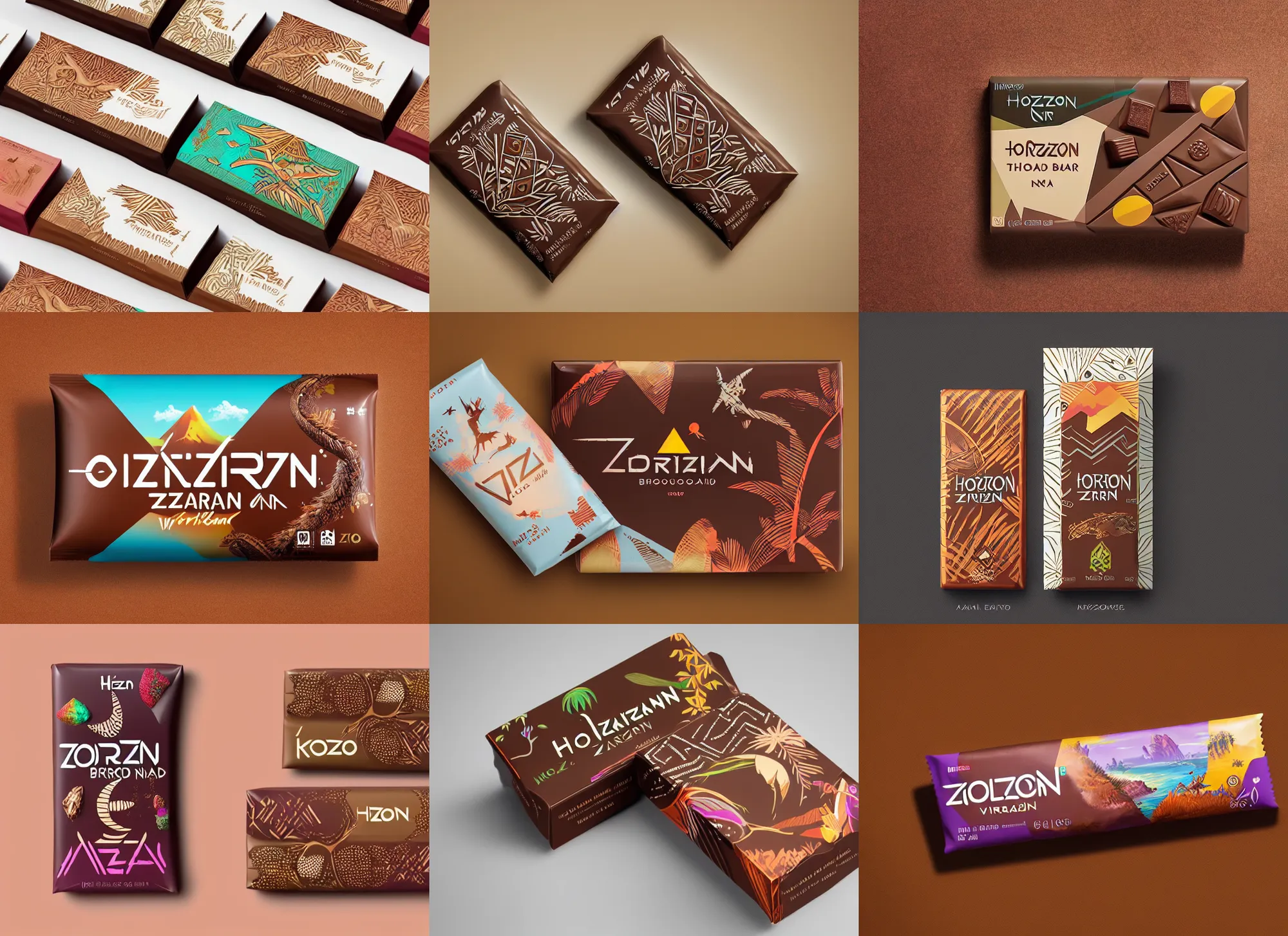 Prompt: horizon zero dawn island inspired conceptual chocolate bar packaging, kerala motifs, label design, behance, pinterest, packaging of the world, award, front label, packaging design, octane render