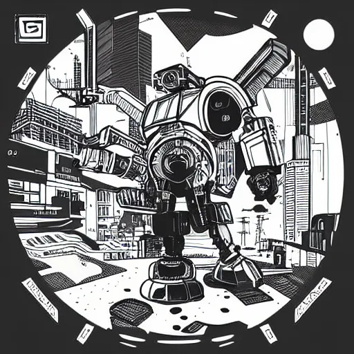 Image similar to Mcbess designed cyberpunk aesthetic TOOL album cover art of a giant mech warrior