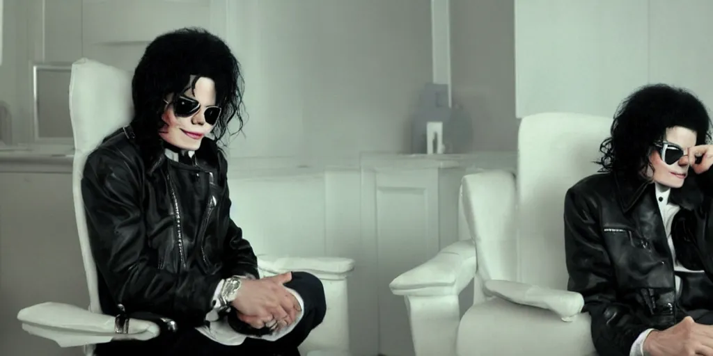 Image similar to michael jackson 2 0 0 9 exact face wearing shades, alone, this is it style, photo real, skin, motion blur, sitting in a chair, by himself, real life, spotted, leaked, ultra realistic face, accurate, 4 k, movie still, uhd, sharp, detailed, cinematic, render, modern