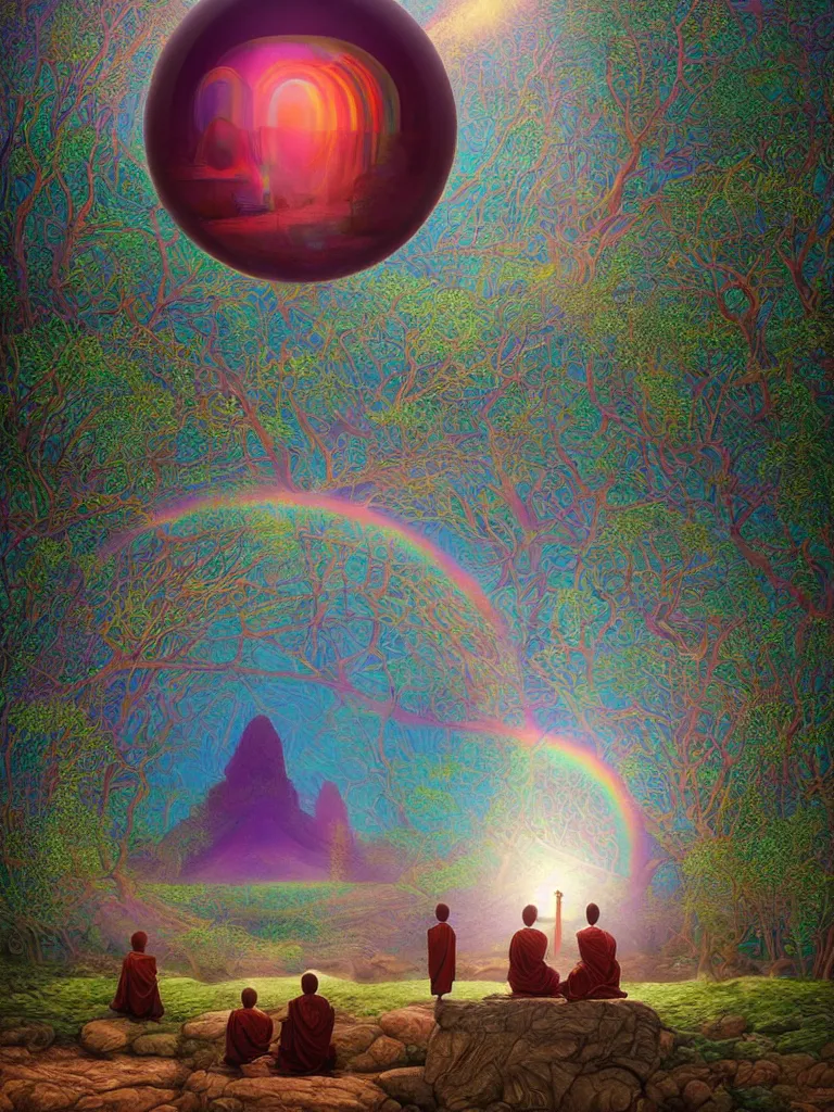 Image similar to neurograph, very very beautiful landscape, an echo a rainbow and a dream, monks praying in a temple forest through a spherical lens, surrealism, intricate, elegant, highly detailed, digital painting, trending on artstation, concept art, sharp focus, by rene magritte, moebius