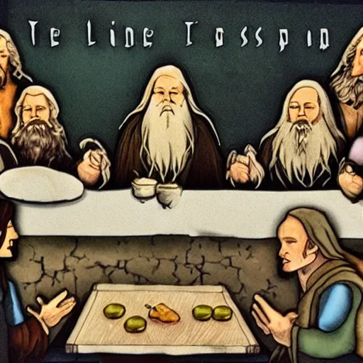 Prompt: the fellowship of the ring, in the style of the last supper