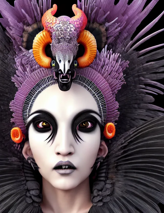 Image similar to 3 d goddess close - up profile portrait punk with mohawk with ram skull. beautiful intricately detailed japanese crow kitsune mask and clasical japanese kimono. betta fish, jellyfish phoenix, bio luminescent, plasma, ice, water, wind, creature, artwork by tooth wu and wlop and beeple and greg rutkowski