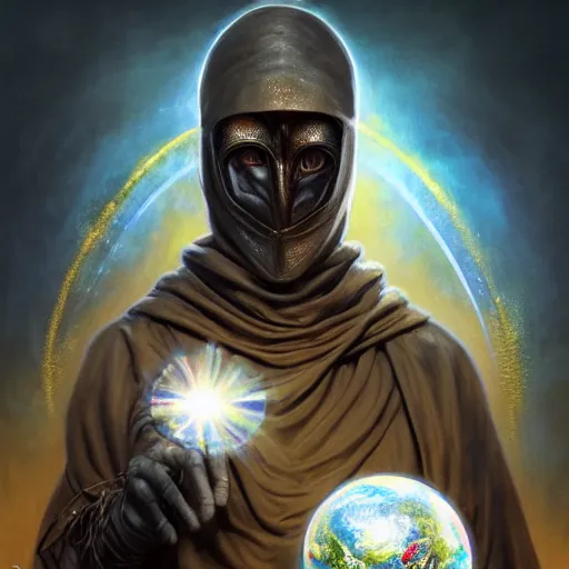 Image similar to masked nomad male wearing a cloak on an alien world and holding a holographic planet projection in his hand, detailed, sci - fi, digital painting, artstation, sharp focus, illustration, ominous, artgerm, tomasz alen kopera, peter mohrbacher, donato giancola, joseph christian leyendecker, wlop, frank frazetta