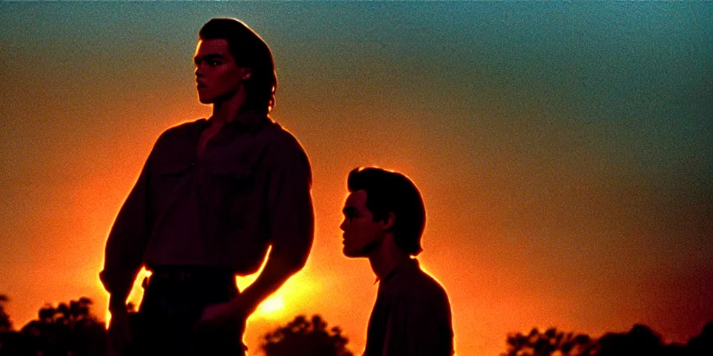 Prompt: the sunset's light beams through a window, tom holand, action pose, outside in a farm, medium close up shot, depth of field, sharp focus, waist up, movie scene, anamorphic, costume art direction style from the movie the outsiders