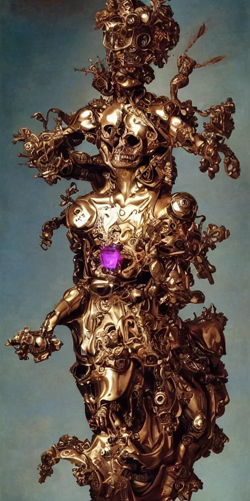 Image similar to a young handsome Spanish metal android with a large glowing red lit crystal in the center of his chest, full-body bronze cyberpunk style statue of Icarus with glowing purple eyes, crown of mechanical peach roses, flowing teal-colored silk, fabric, steampunk flowers. baroque elements, human skull. full-length view. baroque element. intricate artwork by caravaggio. many flying horses on background. Trending on artstation, octane render, cinematic lighting from the right, hyper realism, octane render, 8k, depth of field, 3D