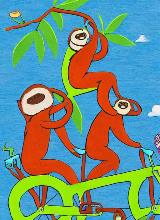 Prompt: a couple of sloths riding a bike with a surfboard, by tim biskup, tom bonson folk art, whimsical, storybook illustration