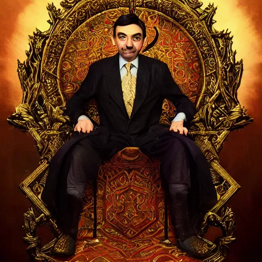 Image similar to A portrait of Mr. Bean depicted as a medieval king on throne, very close-up shot, atmospheric lighting, painted, intricate, volumetric lighting, beautiful, rich deep colours masterpiece, golden hour, sharp focus, ultra detailed, by Leesha Hannigan, Ross Tran, Thierry Doizon, Kai Carpenter, Ignacio Fernández Ríos