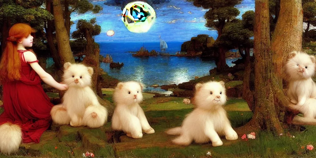 Image similar to 3 d precious moments plush animal, realistic fur, moonrise by the sea, master painter and art style of john william waterhouse and caspar david friedrich and philipp otto runge