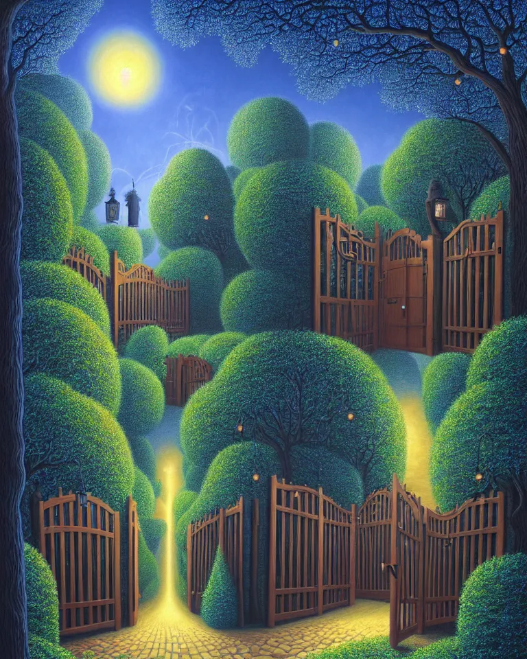 Image similar to hd painting of a dark garden, wooden gates, particles of magic by rob gonsalves, trending on artstation