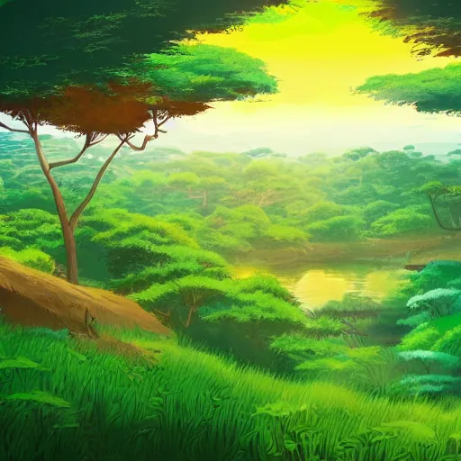 Prompt: Africa landscape enviroment colorfull, green and sunny, Big Sun, trees, vegetation, water, light, sunrise, artstation, hd, Studio Ghibli style