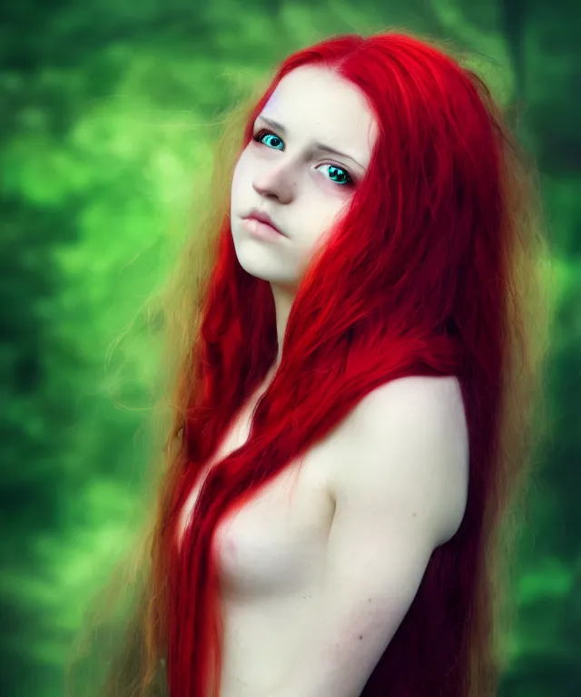 Image similar to Fae teenage girl, portrait, face, long red hair, green highlights, fantasy