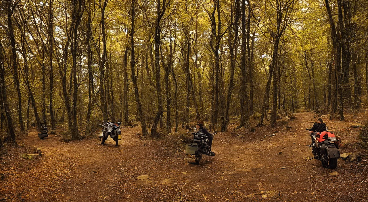 Prompt: A winding dirt path through the autumn forest. Hammock, Fireside, Motorcycle, Stars. Jakub Rozalski. A portrait photo, anime face by the fireside. a monk in a tan trenchcoat with an anime face sitting next to his motorbike in a dark forest by the fireside on the top of a mountain looking out over a far-reaching landscape full of beauty, trees, ocean, wildlife. Atmospheric, Kodak, fuji film, HGTV, 12k ursa, cinematic. atmospheric, hyper realistic, 8k, epic composition, cinematic, octane render, artstation landscape vista photography by Carr Clifton & Galen Rowell, 16K resolution, Landscape veduta photo by Dustin Lefevre & tdraw, 8k resolution, detailed landscape painting by Ivan Shishkin, DeviantArt, Flickr, rendered in Enscape, Miyazaki, Nausicaa Ghibli, Breath of The Wild, 4k detailed post processing, artstation, rendering by octane, unreal engine