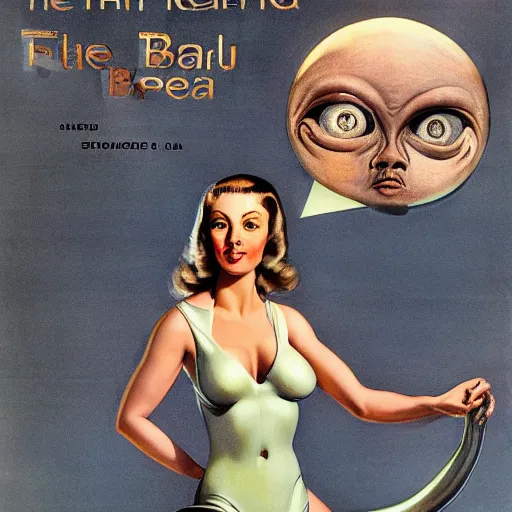 Image similar to beautiful grey alien extraterrestrial species female babe in a tight fitting silver metallic bikini spacesuit, , big pear-shaped head, green skinned, big black almond shaped alien eyes by Mort Kunstler and Gil Elvgren