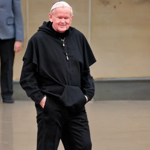 Image similar to john paul ii standing in a black hoodie, black cargo pants and high black boots, evening, dark