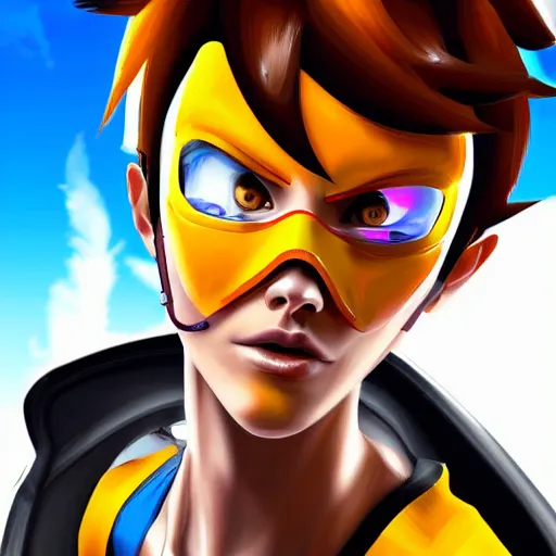 Image similar to digital cell shaded painting of tracer, detailed face, detailed expression,