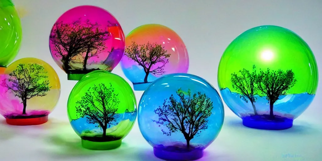 Image similar to flying saucer colorful toylike tree garden water globes, award winning art, epic dreamlike fantasy landscape, art print, science fiction, ultra realistic,