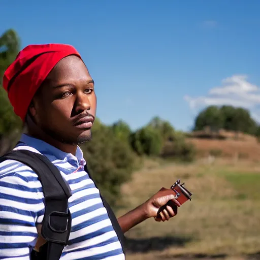 Image similar to Young man standing looking to the right in a red bandana, blue striped shirt, gray vest and a gun with a partly cloudy sky in the background. The young man is standing in front of an iron fence. Photograph. Real life