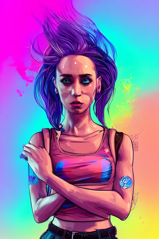 Image similar to a award winning half body portrait of a beautiful woman with stunning eyes in a croptop and cargo pants with rainbow colored ombre hairstyle head in motion and hair flying by josan gonzales, outrun, vaporware, shaded flat illustration, digital art, trending on artstation, highly detailed, fine detail, intricate