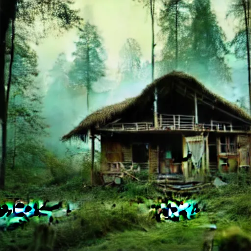 Image similar to a cinematic movie shot of a rustic multi-story ramshackle hut in the magical forest