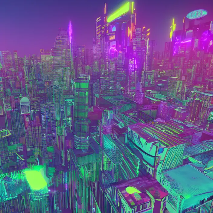 Prompt: wide ((wide)) photo of surreal city sky line (((dynamic neon lighting)) in chromatic dmt trippy style of fear and loathing unreal engine 50mm photorealistic