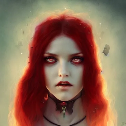 Image similar to princess of darkness, style of tom bagshaw, artgerm, james jean, piercing eyes, long glowing red hair, cinematic, highly detailed, award winning