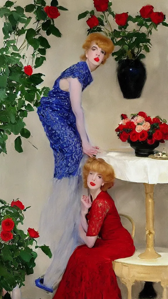 Prompt: beautiful young julee cruise in detailed golden sleeve balloon lace dress beside a pot of red roses set near a persian pot by john singer sargent