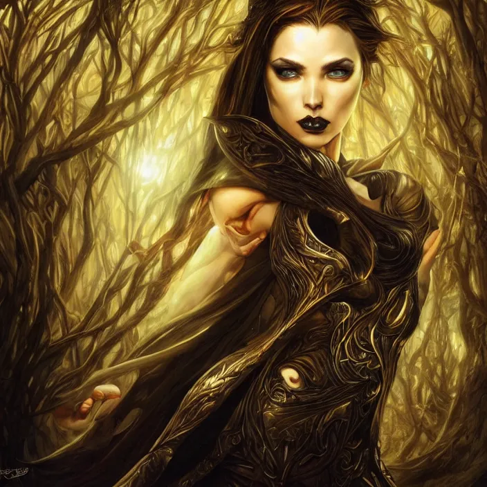 Image similar to a highly detailed painting of a sorceress with piercing beautiful eyes, dark tomb setting, dynamic lighting, ambient lighting, deviantart, art by artgerm and karol bak and mark brooks