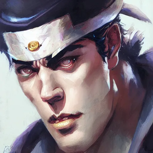 Image similar to jotaro kujo, closeup portrait art by greg rutkowski