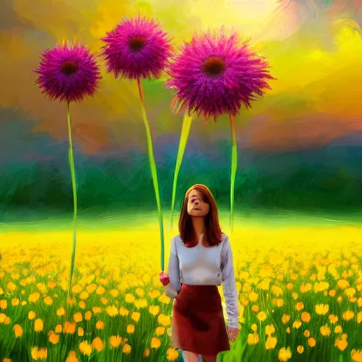 Image similar to giant daisy flower head, full body, girl walking in a flower field, surreal photography, sunrise dramatic light, impressionist painting, colorful clouds, digital painting, artstation, simon stalenhag, flower face