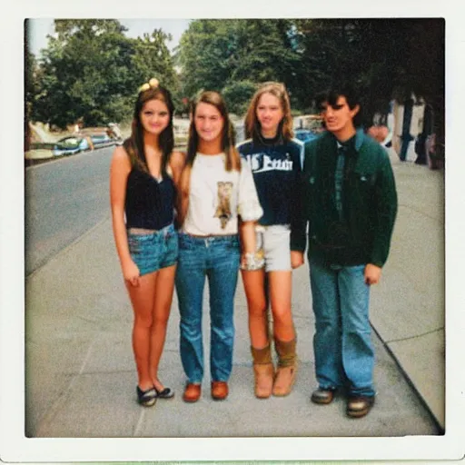 Prompt: Polaroid photograph of stylish college students, taken in 2002