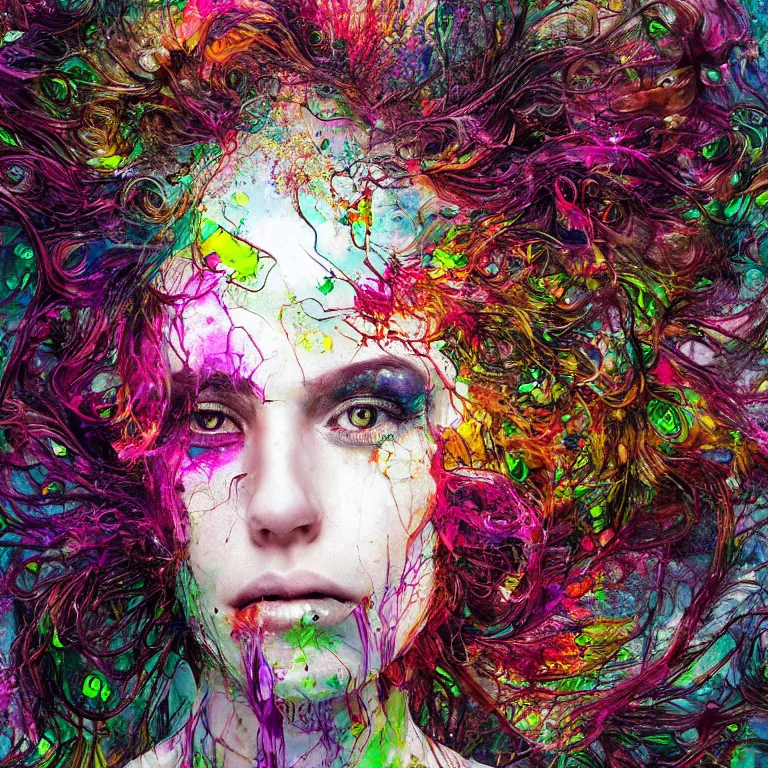 Image similar to portrait of a woman with swirling crystal hair and fractal skin, illustration by artur bordalo, retrofuturism, psychedelic art reimagined by industrial light and magic