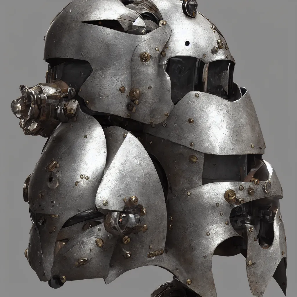 Image similar to medieval mecha helmet, unreal engine, 8 k, ultra realistic, ultra detail