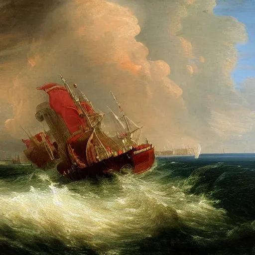 Image similar to an oil painting of an xviii century ship firing its cannons, highly detailed, 4 k, painted by thomas cole